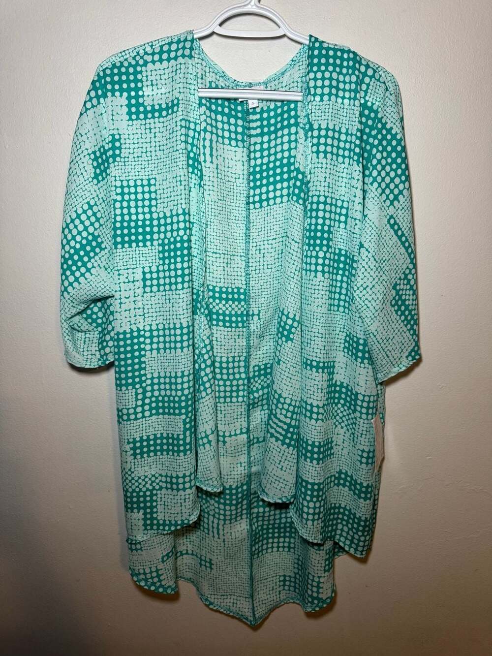 LuLaRoe Sarah Long Cardigan Sweater Jacket Sz S Cream Teal Geometric Pockets
